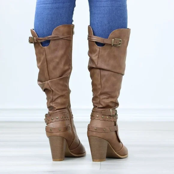 Motorcycle Heeled Boots For Rocker Biker Girls Below The Knee Tan Faux Leather - Picture 7 of 15